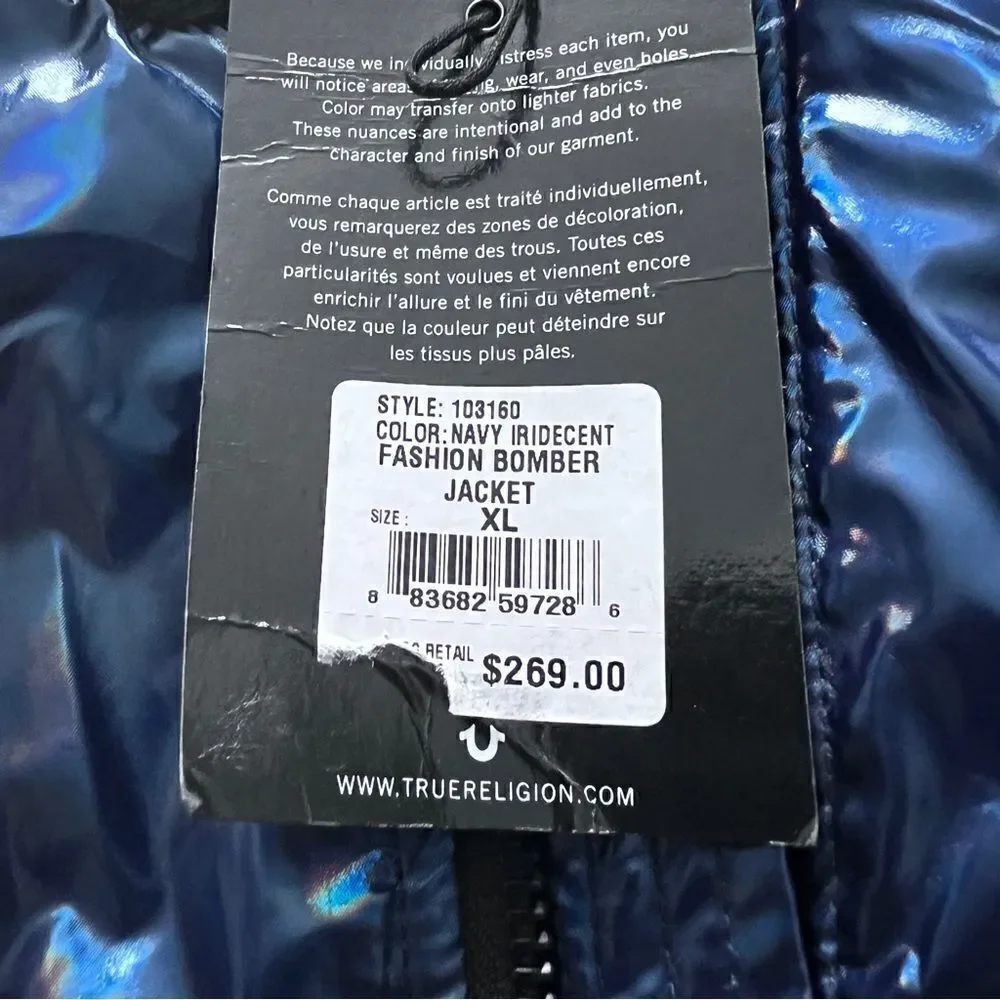 TRUE RELIGION Men's Navy Iridescent Fashion Bomber Jacket Size XL.